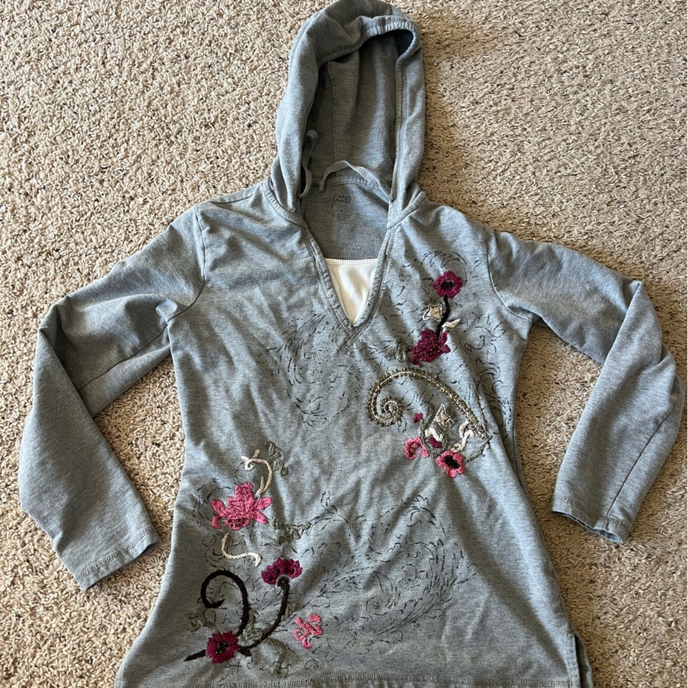 Style & Co Sport Embroidered Floral Heather Gray Hoodie